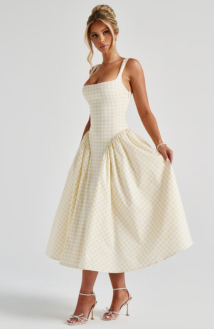Sherrie | Gingham Midi Dress - Lemon