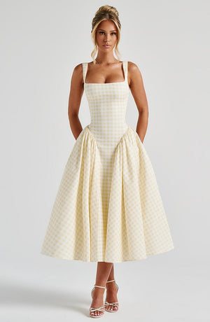 Sherrie | Gingham Midi Dress - Lemon
