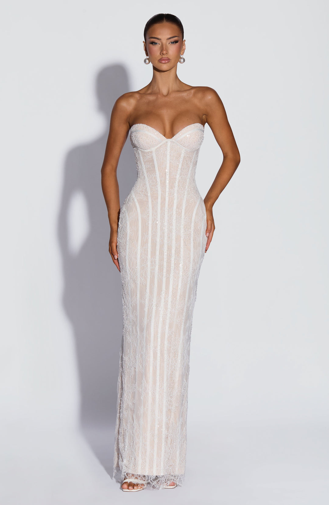 Sian | Lace Maxi Dress - Ivory Embellishment