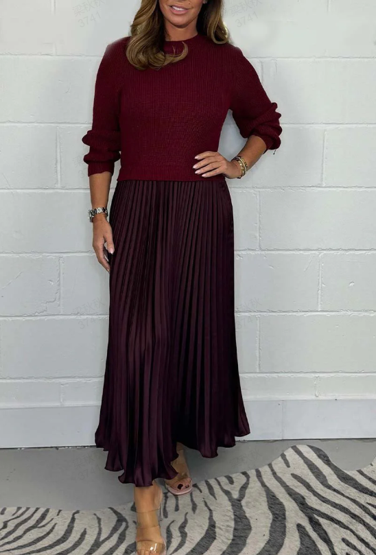 Rosalie | Patchwork Sweatshirt &amp; Pleated Dress Set