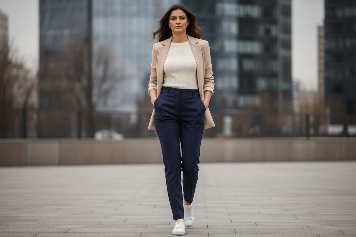 Ultra-realistic fashion-forward hero image for a Shopify homepage slider, horizontal 2:1 composition (2000x1000 px). A stylish female Yugoslavian model, slim and curvy, close to the camera in a walking motion, upper body dominant in the frame. Strong fashion presence, confident body language, effortless editorial look. She is wearing carefully styled casual fashion with a clear sense of style (perfect-fit jeans or tailored trousers, clean premium sneakers, minimal high-quality top, structured light blazer 